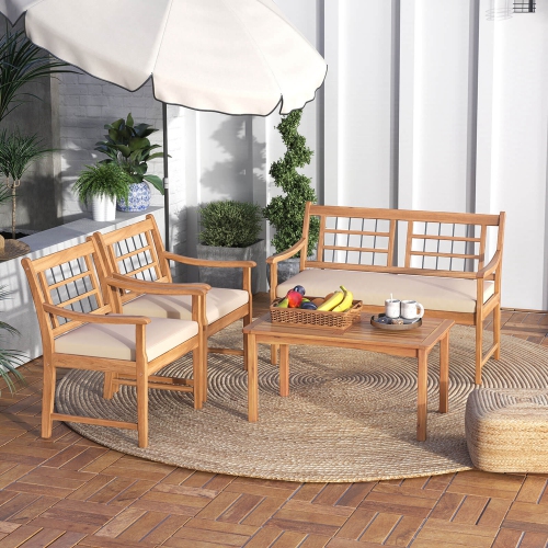 Costway 4 PCS Wood Patio Furniture Set with Soft Seat Cushions Solid Acacia Wood Frame