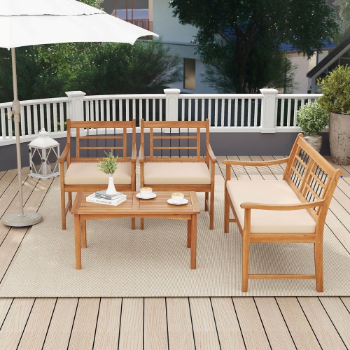 Costway 4 PCS Wood Patio Furniture Set with Soft Seat Cushions Solid Acacia Wood Frame