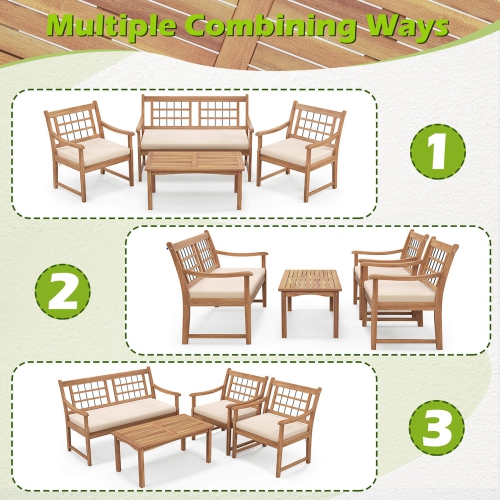 Costway 4 PCS Wood Patio Furniture Set with Soft Seat Cushions Solid Acacia Wood Frame