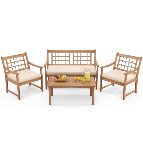 Costway 4 PCS Wood Patio Furniture Set with Soft Seat Cushions Solid Acacia Wood Frame
