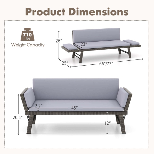 Costway Outdoor Convertible Sofa Daybed with Adjustable Armrests Removable Cushions