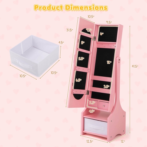 Armoire à bijoux pour enfants avec tiroir à miroir pleine longueur à 2 angles d'inclinaison ajustables de Costway