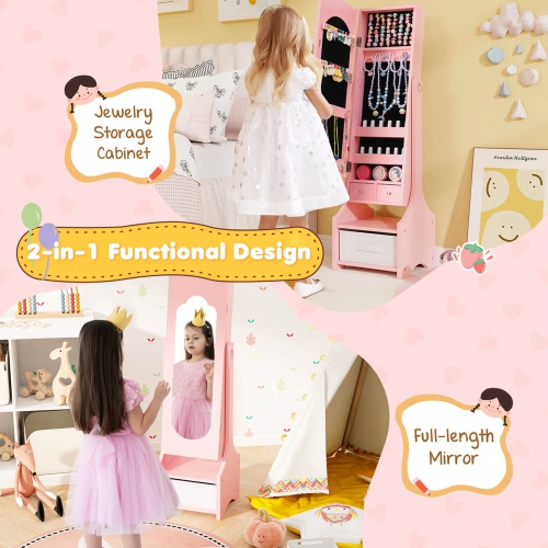 Armoire à bijoux pour enfants avec tiroir à miroir pleine longueur à 2 angles d'inclinaison ajustables de Costway