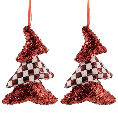 Décorations de Noël à paillettes et à damiers, 5 po, rouge, ensemble de 2