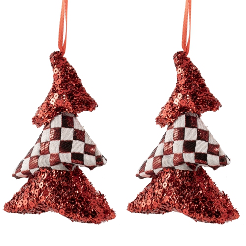 Décorations de Noël à paillettes et à damiers, 5 po, rouge, ensemble de 2