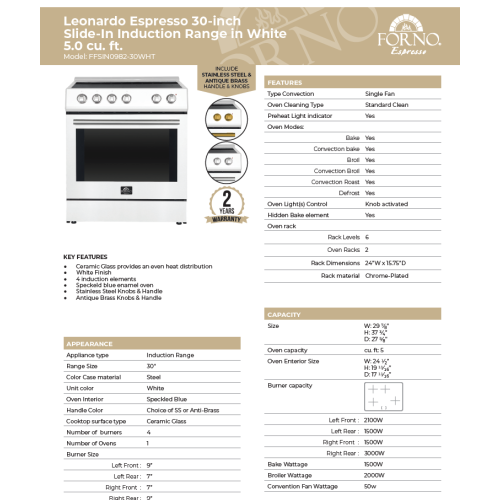 Forno Leonardo Espresso 30-Inch Induction Range with Convection Fan and Antique Brass Kit - White