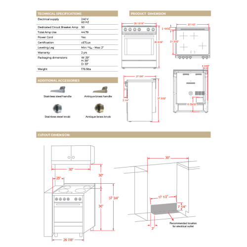 Forno Leonardo Espresso 30-Inch Induction Range with Convection Fan and Antique Brass Kit - White