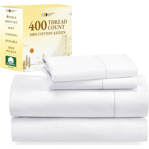 CALI DESIGN DEN  California Design Den 100% Cotton Sheets Queen Size Bed Set, 400 Thread Count Sateen, Deep Pocket, Extra Soft 4-PC Bed Sheets