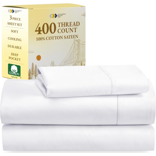 CALI DESIGN DEN  California Design Den Twin Sheets Set, Natural 100% Cotton Sheets, Soft Luxury 400 Thread Count Sateen Cooling Sheets, 3 PC Dorm Rooms