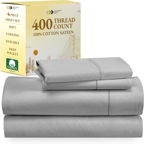 CALI DESIGN DEN  California Design Den 400 Thread Count 100% Cotton Sheets, King Size Sheet Set, 4 PC Luxury Sheets & Pillowcases, Breathable Bedding