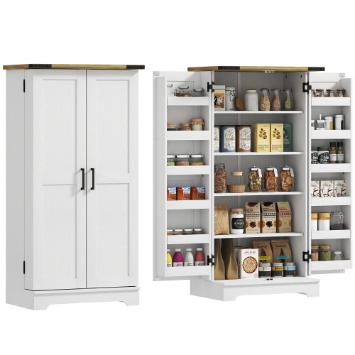 HOMCOM – Armoire garde-manger de 47 po, armoire garde-manger autonome avec portes et tablettes réglables, grain de bois blanc crème