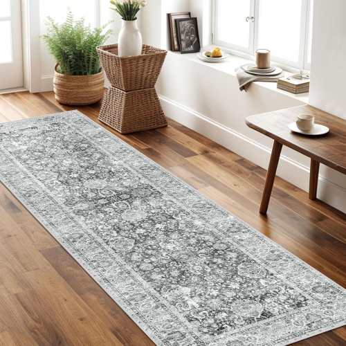 COOLHUT  2X6 Ft Soft Runner Rug - Distressed Floral Boho Oriental Design, Non-Slip Low Pile Machine Washable, Perfect for Hallway Bedroom Bathroom