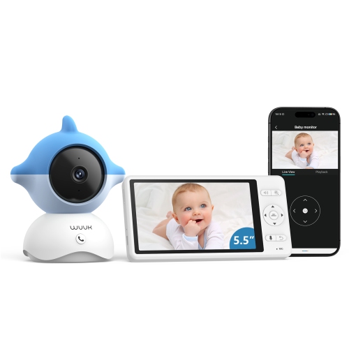 Moniteur vidéo pour bébé de WUUK, 5,5 po écran couleur 360 PTZ, angle de vue de 135°, vision nocturne, longue portée de 1000 pieds, caméra bébé 2K av