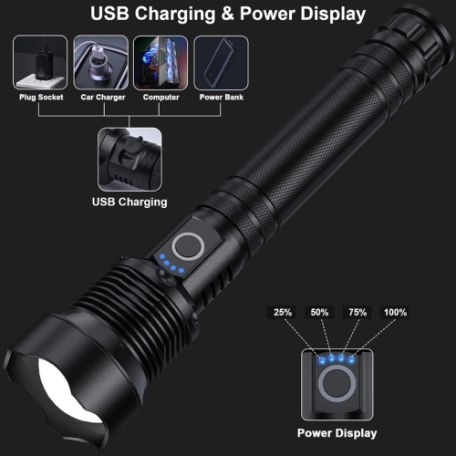 YOULIGHTS – Lampe de poche rechargeable LED avec batterie et câble USB, lampe de poche étanche portative haute puissance avec 3 modes pour le