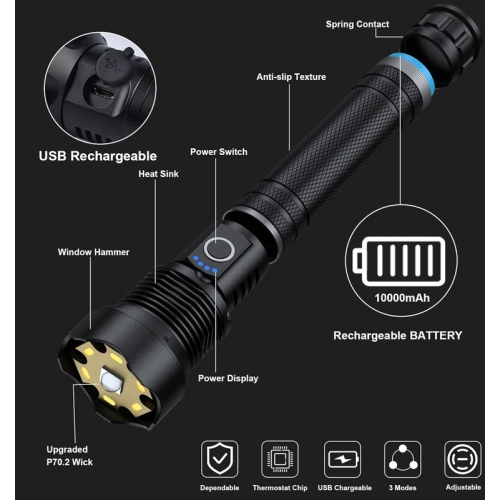 YOULIGHTS – Lampe de poche rechargeable LED avec batterie et câble USB, lampe de poche étanche portative haute puissance avec 3 modes pour le