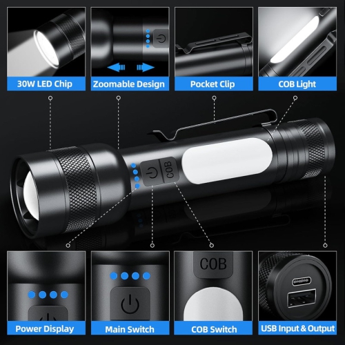 YOULIGHTS Rechargeable Flashlight, Tactical Led Flashlights with Zoomable, 8 Modes & COB Light, IPX7 Waterproof, Super Bright Flash Light for