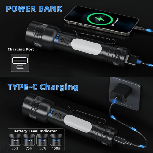 YOULIGHTS Rechargeable Flashlight, Tactical Led Flashlights with Zoomable, 8 Modes & COB Light, IPX7 Waterproof, Super Bright Flash Light for