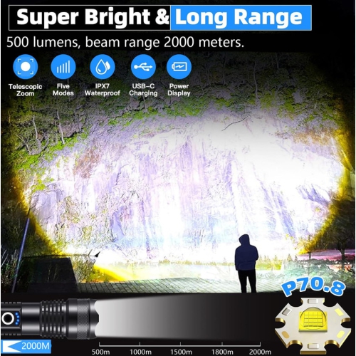 YOULIGHTS Rechargeable Flashlight, Tactical Led Flashlights with Zoomable, 8 Modes & COB Light, IPX7 Waterproof, Super Bright Flash Light for