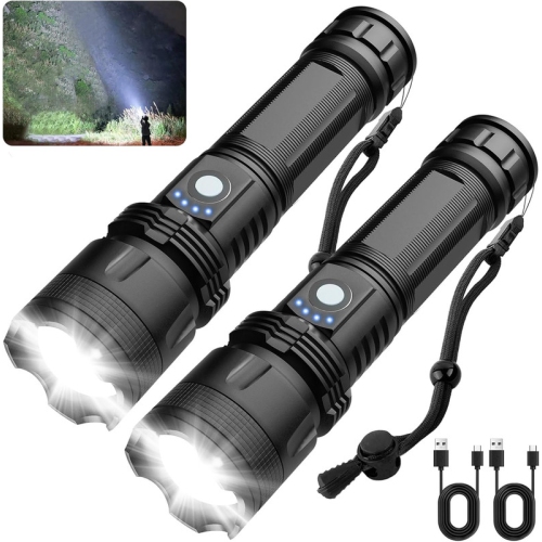 YOULIGHTS  Rechargeable Flashlight, 2 Pack Super Bright Led High Lumen, USB Powerful \w 5 Modes, Zoomable Waterproof Flash Light for Emergency Camping