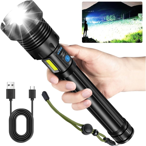 YOULIGHTS  Rechargeable Zoomable Flashlight, 7 Modes Cob And Led Flashlight, Ipx7 Waterproof \w Output And Input for Camping, Emergency And Dog