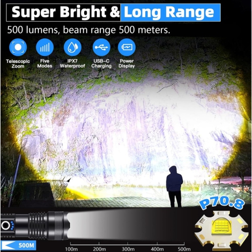 YOULIGHTS Rechargeable Zoomable Flashlight, 7 Modes COB and LED Flashlight, IPX7 Waterproof with Output and Input for Camping, Emergency and Dog