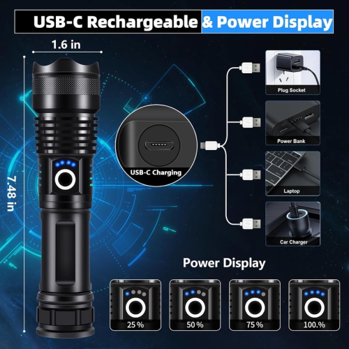 YOULIGHTS Rechargeable Zoomable Flashlight, 7 Modes COB and LED Flashlight, IPX7 Waterproof with Output and Input for Camping, Emergency and Dog