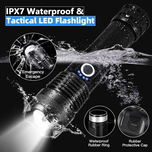 YOULIGHTS Rechargeable Zoomable Flashlight, 7 Modes COB and LED Flashlight, IPX7 Waterproof with Output and Input for Camping, Emergency and Dog