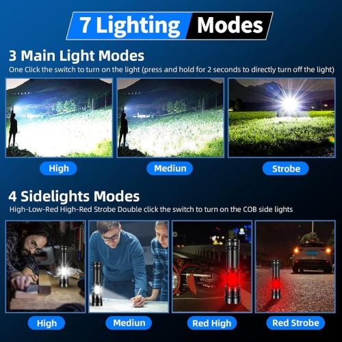 Lampe de poche rechargeable YOULIGHTS, puissante lampe de poche tactique LED avec zoom variable, 7 modes et lumière COB, étanche IPX7 pour le