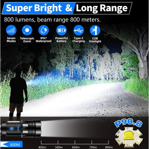 Lampe de poche rechargeable YOULIGHTS, puissante lampe de poche tactique LED avec zoom variable, 7 modes et lumière COB, étanche IPX7 pour le