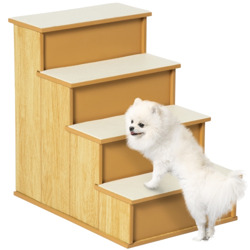 PawHut 4 Levels Wooden Dog Steps Pet Stairs for High Bed, Cat Ladder for Bed Couch with Non-Slip Carpet, Natural Wood