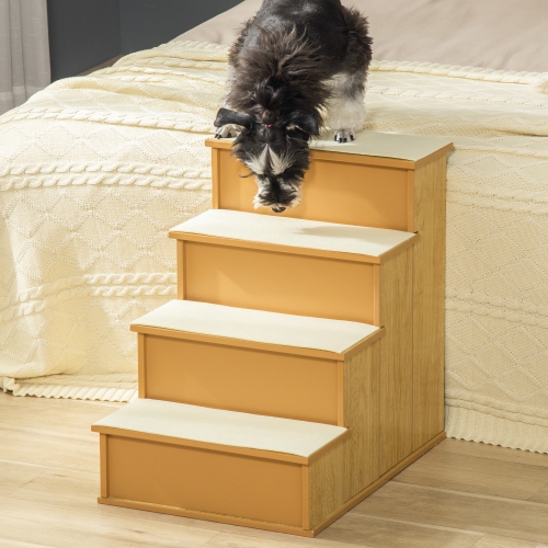 PawHut Pet Stairs Dog Steps for High Bed, 4 Levels Dog Stairs for Car, Wooden Cat Ladder with Non-Slip Carpet, 15.7" L x 23.2" W x 21.3" H, Natural