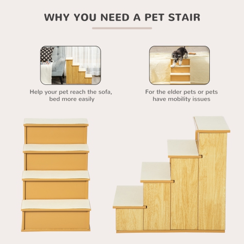 PawHut Pet Stairs Dog Steps for High Bed, 4 Levels Dog Stairs for Car, Wooden Cat Ladder with Non-Slip Carpet, 15.7" L x 23.2" W x 21.3" H, Natural