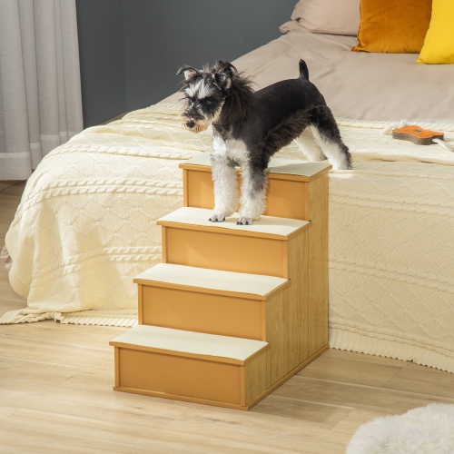 PawHut Pet Stairs Dog Steps for High Bed, 4 Levels Dog Stairs for Car, Wooden Cat Ladder with Non-Slip Carpet, 15.7" L x 23.2" W x 21.3" H, Natural