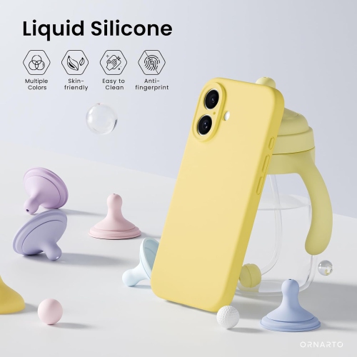 ORNARTO compatible avec l'étui iPhone 16 avec 2 protecteurs d'écran, étui en caoutchouc de gel de silicone liquide antichoc, étui de protection