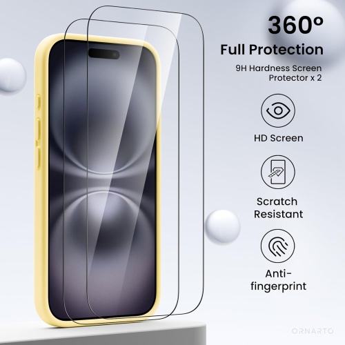 ORNARTO compatible avec l'étui iPhone 16 avec 2 protecteurs d'écran, étui en caoutchouc de gel de silicone liquide antichoc, étui de protection