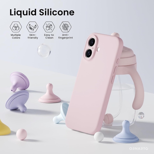 ORNARTO compatible avec l'étui iPhone 16 avec 2 protecteurs d'écran, étui en caoutchouc de silicone liquide antichoc, étui de protection contre les