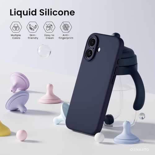 ORNARTO compatible avec l'étui iPhone 16 avec 2 protecteurs d'écran, étui en caoutchouc de silicone liquide antichoc, étui de protection contre les