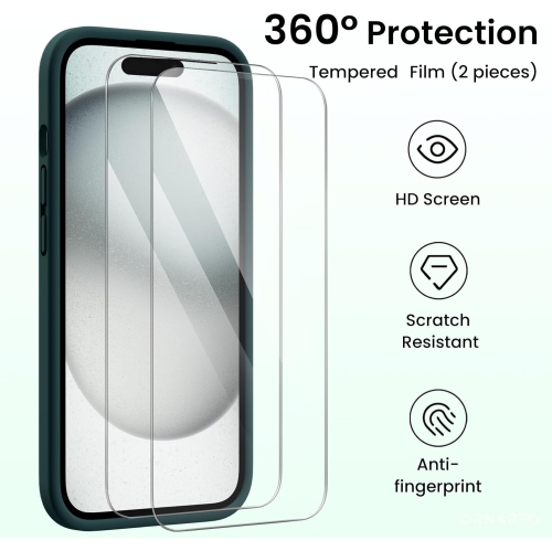 ORNARTO Designed for iPhone 15 Case with 2X Screen Protector, Liquid Silicone Gel Rubber Cover [Upgraded Camera Protection], Shockproof Protective
