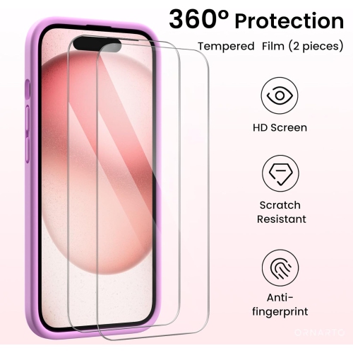 ORNARTO Designed for iPhone 15 Case with 2X Screen Protector, Liquid Silicone Gel Rubber Cover [Upgraded Camera Protection], Shockproof Protective
