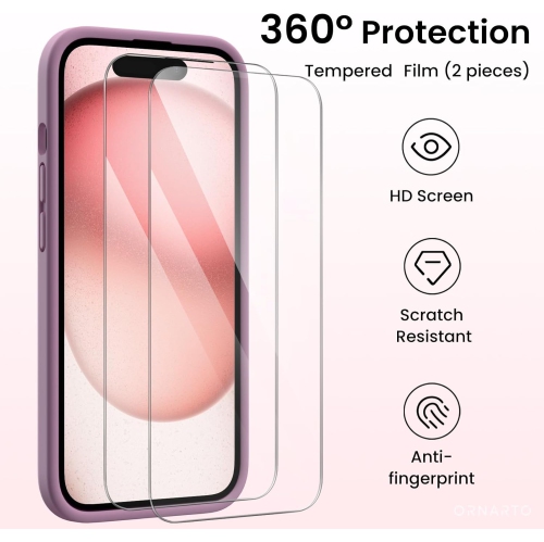 ORNARTO Designed for iPhone 15 Case with 2X Screen Protector, Liquid Silicone Gel Rubber Cover [Upgraded Camera Protection], Shockproof Protective