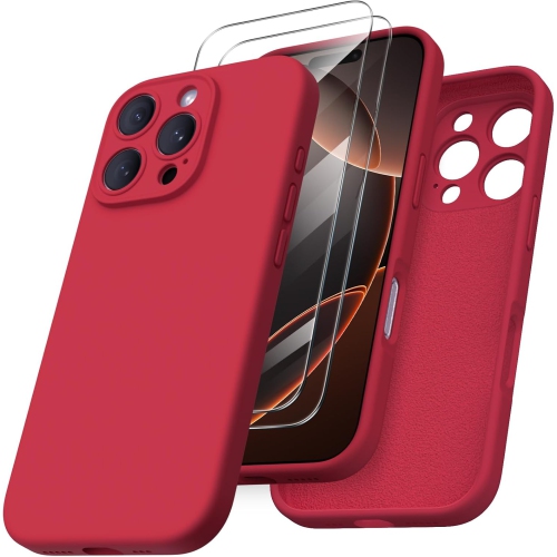 ORNARTO Compatible with iPhone 16 Pro Case with 2 x Screen Protector,Shockproof Liquid Silicone Gel Rubber Cover,Drop Protection Phone Case 6.3" -Red