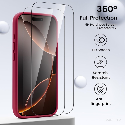 ORNARTO compatible avec l’étui iPhone 16 Pro avec 2 protecteurs d’écran, étui en caoutchouc de gel de silicone liquide antichoc, étui de protection