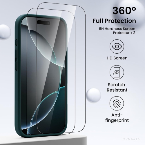 ORNARTO – compatible avec l’étui iPhone 16 Pro avec 2 protecteurs d’écran, étui en caoutchouc de silicone liquide antichoc, étui de protection contre