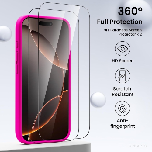 ORNARTO – compatible avec l’étui iPhone 16 Pro avec 2 protecteurs d’écran, étui en caoutchouc de silicone liquide antichoc, étui de protection contre