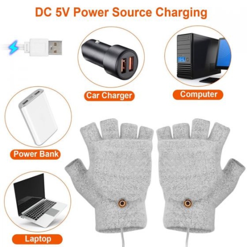 Gants chauffants USB unisexes tricot chauffant mains Full & Half Fingerless