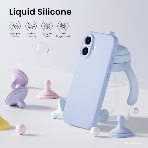 ORNARTO Compatible with iPhone 16 Case with 2 x Screen Protector,Shockproof Liquid Silicone Gel Rubber Cover,Drop Protection Phone Case for iPhone 16