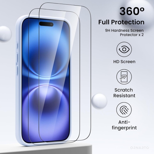 ORNARTO Compatible with iPhone 16 Case with 2 x Screen Protector,Shockproof Liquid Silicone Gel Rubber Cover,Drop Protection Phone Case for iPhone 16