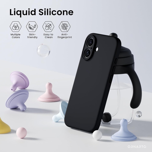 ORNARTO compatible avec l'étui iPhone 16 avec 2 protecteurs d'écran, étui en caoutchouc de silicone liquide antichoc, étui de protection contre les