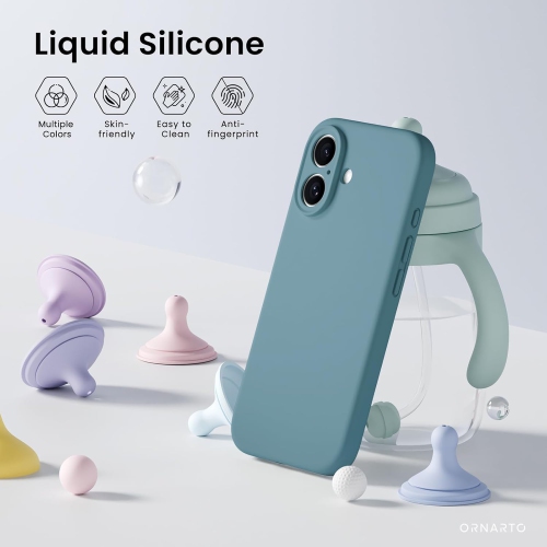 ORNARTO Compatible with iPhone 16 Case with 2 x Screen Protector,Shockproof Liquid Silicone Gel Rubber Cover,Drop Protection Phone Case for iPhone 16