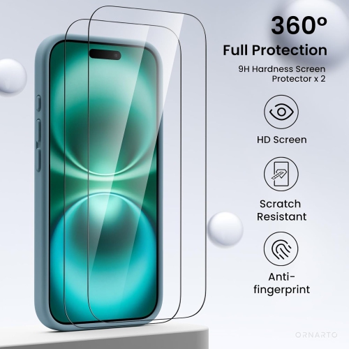 ORNARTO Compatible with iPhone 16 Case with 2 x Screen Protector,Shockproof Liquid Silicone Gel Rubber Cover,Drop Protection Phone Case for iPhone 16